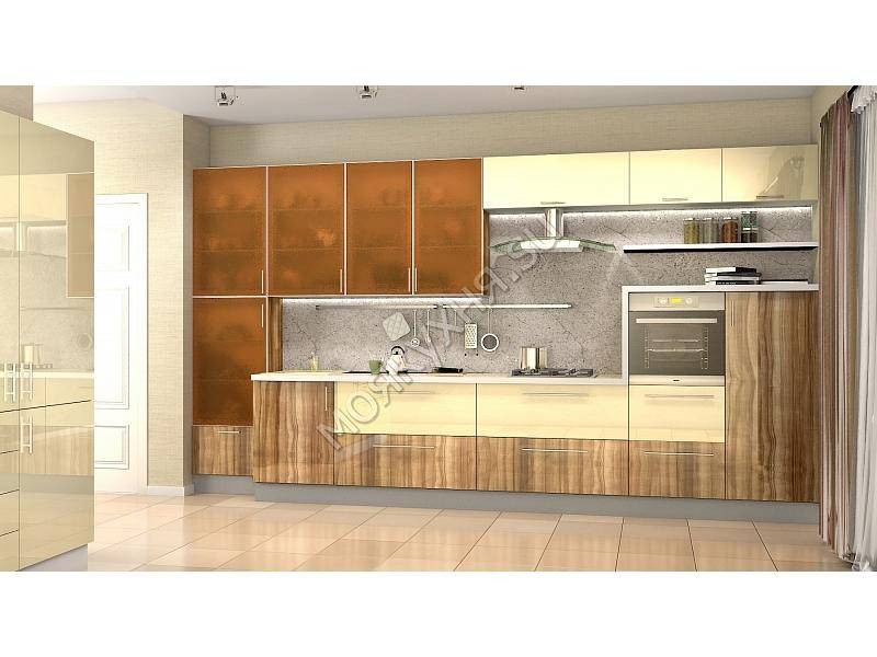 вместительная бежевая глянцевая кухня в Королёве