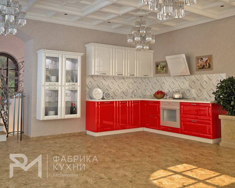 глянцевая угловая кухня белый-красный в Королёве